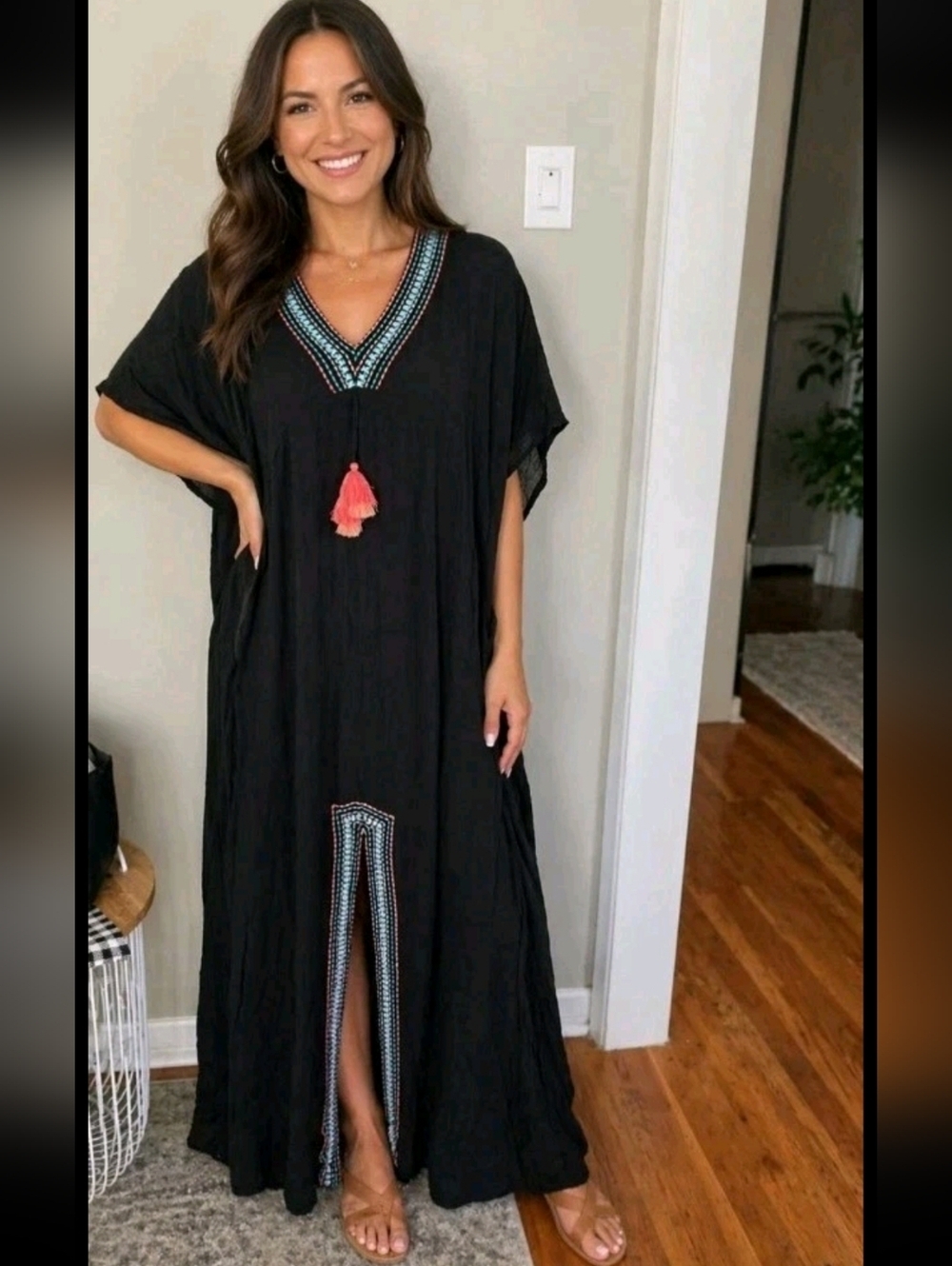Seafolly Womens Black Boho Embroidered Kaftan Resortwear Maxi Cover Up Dress M
